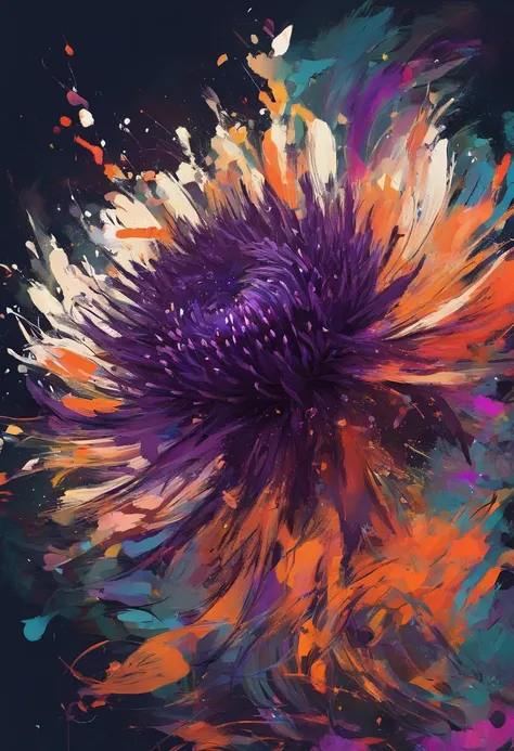 Draw an abstract painting of a single flower., dark purple thistle flowers、use acrylic paint、Abstract artist known for his unique use of acrylic pouring, real brush strokes，aesthetic composition，Minimal style, sharp and irregular strokes、A shape reminiscen...