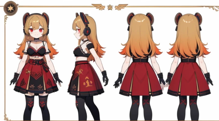 ((Masterpiece, Highest Quality)), Detailed Face, Character Sheet, full - body, Full of Details, vtuber, Highly detailed, depth, many details, 1girl, girl in a skirt and headphones, :3, Long hair, Bangs, Gradient hair, black bra, red skirt, gloves, Stocking...