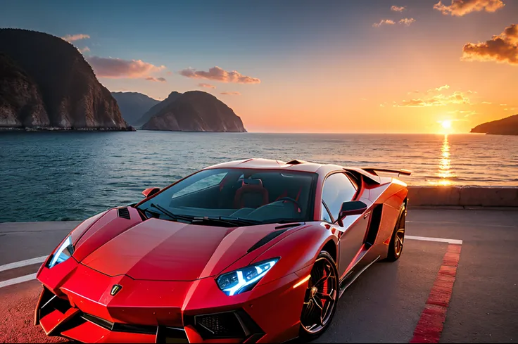 bright red lamborghini aventador　detail portrayal　Realistic and three-dimensional　ultra-quality　The ultra -The high-definition　Coast with beautiful sunset