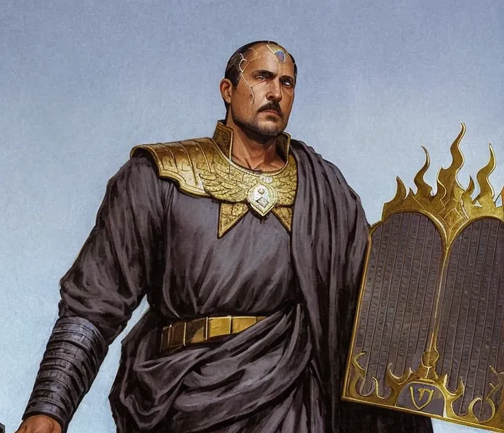 French-German man in black robe holding a large plaque, d&d dark sun character art, Ozymandias, Adolfo Wolfley and Donato Giancora, Photograph of a male clergyman, baldurs gate character portrait, dragonlance illustration, Arshon Lupine as Paladin, Mebaron...