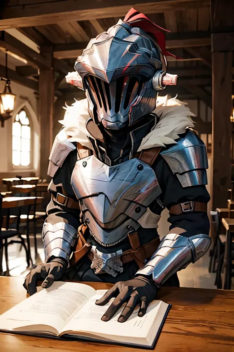 goblin slayer sitting on a table with a priestess