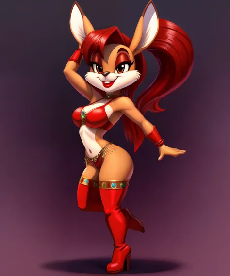 Rogue the female kangaroo, red belly dancer outfit, red hair, red lipstick, red boots, full body, tiny toons style