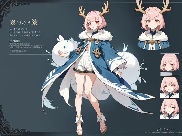 [ Character design ], Female Character, The nature of the adoptee, half deer, 1 satyr girl, Royal hair bangs, Short hair, Bloody balls, suntanned skin, light pink hair, fragile, floating glowing balls above your head, brown-red eyes, Blood Mage, Crazy smil...