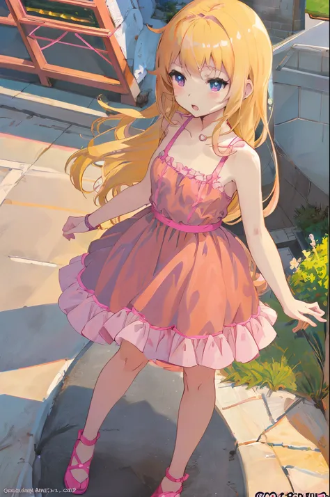 8K,masutepiece,An ultra-high picture quality,Anime girl in a pink dress is walking down the street with a red wallet, loli in dress, Cute anime waifu in a nice dress, blonde anime girl with long hair, small curvy loli, Anime Girl with Long Hair, pretty ani...