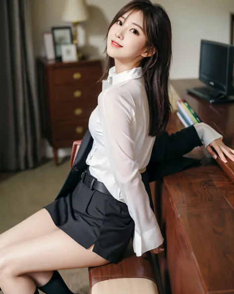 A 23-year-old woman wearing a bold miniskirt in a luxurious room, posterior view, Bold poses，Office Suits, Black stockings, garterbelts, Braless and white blouse, choker necklace, ssmile,Young Pretty Gravure Idol, Young Gravure Idol, Young gravure idols, Y...