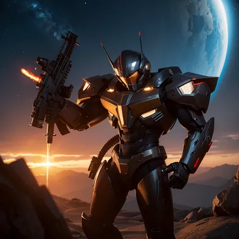 Science fiction century，Mecha warrior，ember，25 age old，Gravity weapons，Wearing a mecha suit，handsome and dashing