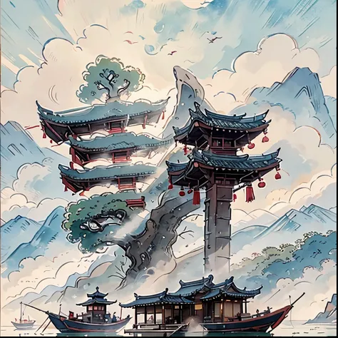 Mountain painting with a pagoda on a small island, chinese watercolor style, chinese painting style, digital painting of a pagoda, Chinese landscape, traditional Chinese watercolor painting, chinese paintings, Japan Art Style, High detail watercolor 8K, hi...