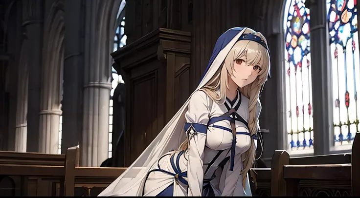 sword maiden from goblin slayer show standing still in a church