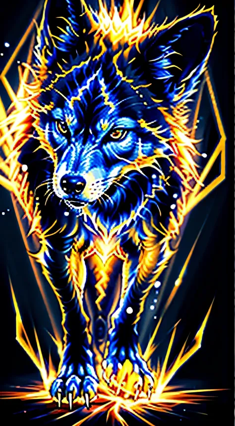 The main character  the depiction of a young wolf engulfed in flames., With a captivating pop image style, Increase expressiveness with multiple exposures and multiple layers, Create an epic dark fantasy atmosphere, This gouache illustration  really amazin...