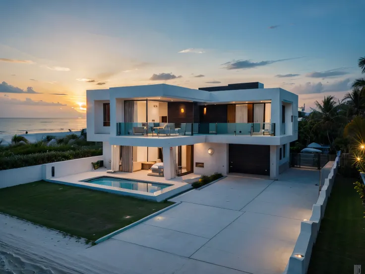 an ultra modern house on a paradise beach at sunset