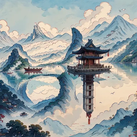 Mountain painting with a pagoda on a small island, chinese watercolor style, chinese painting style, digital painting of a pagoda, Chinese landscape, traditional Chinese watercolor painting, chinese paintings, Japan Art Style, High detail watercolor 8K, hi...