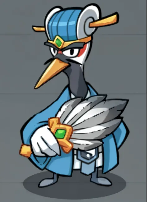 One wearing a blue coat、With a hat on、Crane holding feather fan,  mage robe based on a toucan, Falco Lombardi from Starfox, fantasy duck concept portrait, clothes themed on a peacock mage, Dissonant, royal bird, clash royal style characters, Bird Mage