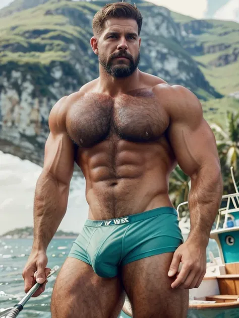 A ultra realistic photo of an insanely handsome hunky 30s very sexy attractive hunk fisherman by the ocean, green jockstrap(underwear), full body, very hairy body, big beefy man, ripped checkered, exposed hairy body, big bulge, tanned, raunchy, toned body,...