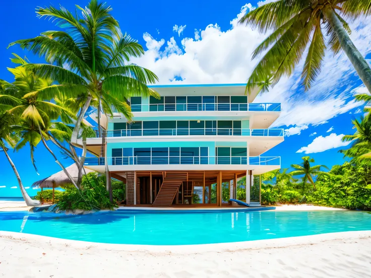 tropical house sitting a paradise beach, wide angle, no huts, blue skies, modern architecture, ultra detailed, 4K