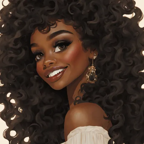 a black woman，Lateral face，ssmile，Long eyelashes，with black curled hair，extremly high detail