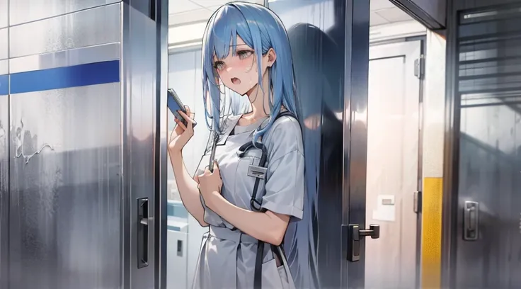 Realistic style，A young woman at the door of the hospital，Cry