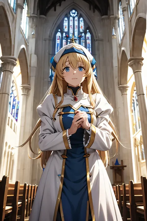 priestess from goblin slayer show standing still in a church