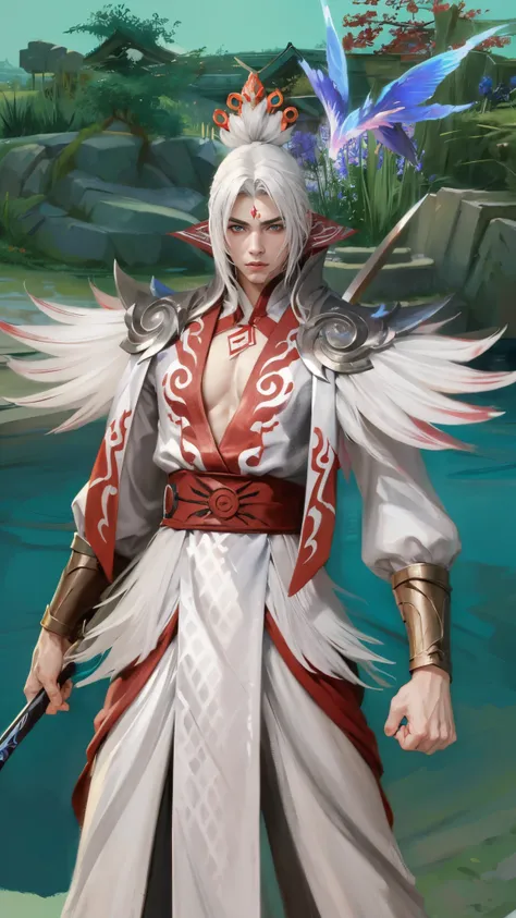 (masterpiece:1.4), (best quality:1.2), enduring sword talon, 1boy, male focus, white hair, long hair, japanese clothes, hair orn...