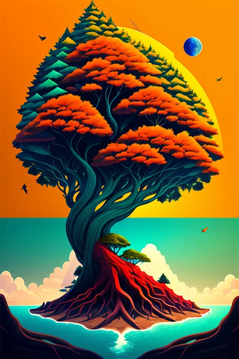 (Artistic style), a tree on a flying island, outer space background, The trunk of the tree is made up of several thick branches that connect to the large branches above, the leaves are separated in red, azul, verde-e-amarelo, all connecting in an unforced ...