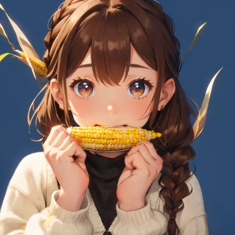 ((Brown hair)),((Braided shorthair)),(With black eyes))),(With bangs)),Slight red tide,(cones),((🌽)),((hold corn with both hands)),((during a meal)),((Winter clothes)),(long sleeve fluffy cardigan)),(striped winter clothes)),(white and blue and black),((Co...