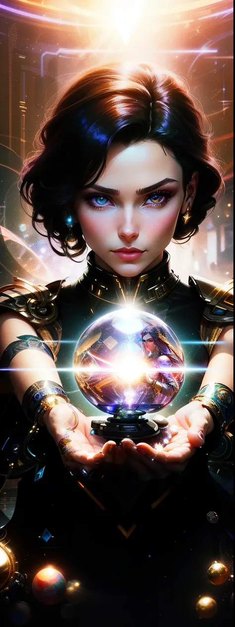 a close up of a person holding a diamond in their hands, artgerm julie bell beeple, fantasy rpg symmetrical portrait, a woman holding an orb, molly from the novel neuromancer, beeple and alphonse mucha, beautiful female neuromancer, portrait knights of zod...