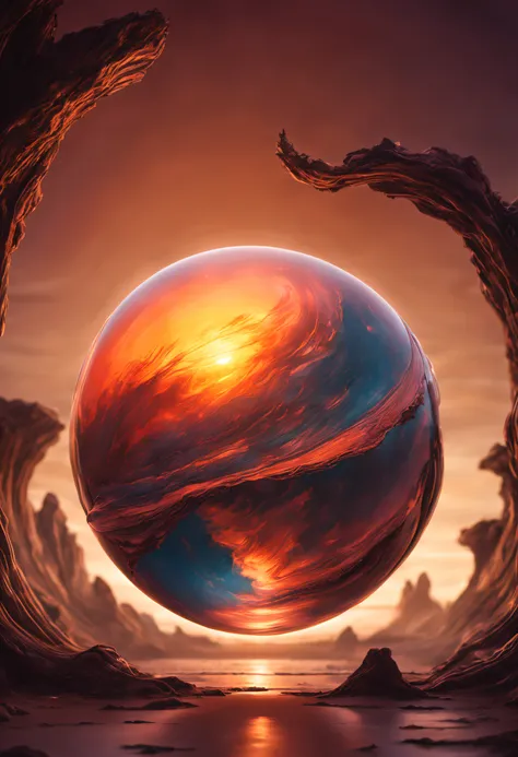 a magnificent sunset on a strange and mysterious alien glass sphere style planete. it's very textured and detailed with dreaming...