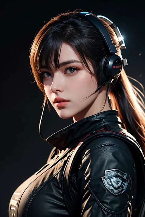 tmasterpiece，Best quality at best，A high resolution，8K，((Portrait))，(Head close-up)，Original photo，real photograph，digital photography，(Cyberpunk-style female special ops fighters)，(Special forces)，20岁女孩，long ponytail hair，By bangs，The amount of hair  amaz...