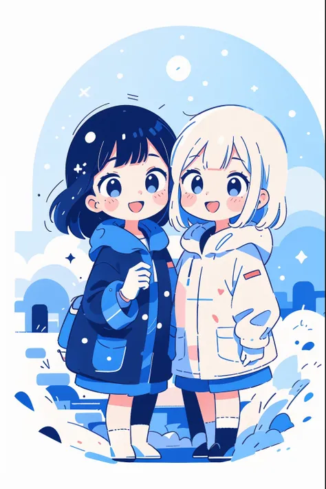 Retro art style, neons_Pop Art Style, Art styles, Two girls, side by side, on the snowy wilderness, wearing winter coats, gloves, great smile, open mouth, white breath, shallow depth of field, portrait