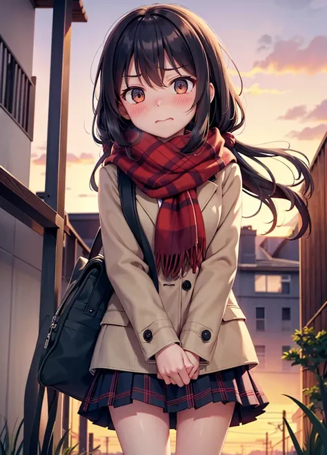 standing, hand between legs, 1girl, scarf, bag, plaid scarf, school bag, sunset, school uniform, skirt, red scarf, pleated skirt, jacket, blush, embarrassed, sunset, outdoors, evening, grass, dusk, twilight, from below, angry, wavy mouth