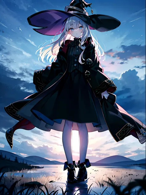 (masterpiece,best quality,ultra-detailed),1girl, black shirt,dark red skirt, striped skirt,black jacket, human witch, black witch hat,in a meadow, night,(grey theme),(pastel colors theme)