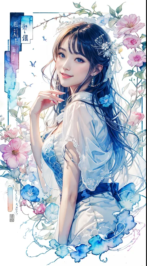 8K,​masterpiece,top-quality,Dynamic Pose,beautiful woman with long hair,Smile:1.6, Cultivated woman, beautiful japanese female, Gorgeous Japan Girl,Pretty actress, girl cute-fine-face, Female actress,slim,watercolor paitingium)