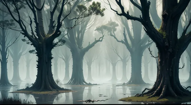 Gloomy swamp, old trees, fog, crows, bats,