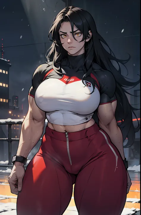 pale skin solo 1 girl black hair yellow eyes expressionless (very long hair sweaty) dark atmosphere (huge breasts bodybuilder toned body muscular) tight red shirt tight pants curvy thick thighs wide hips snow veins dark atmosphere nighttime