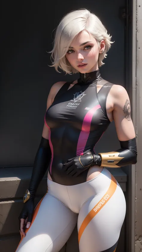 Gwen Tennyson,Tracer,Yshtola Rhul,Yorha 2B,Overwatch,nier automata,Mecha piloto,rua comercial,Tatuagens,Plugsuit branco e rosa,top de lycra de manga curta branca,legging branca cargo ,barriga descoberta,short hair,maquiagem punk,olhos azuis,cabelos pratead...