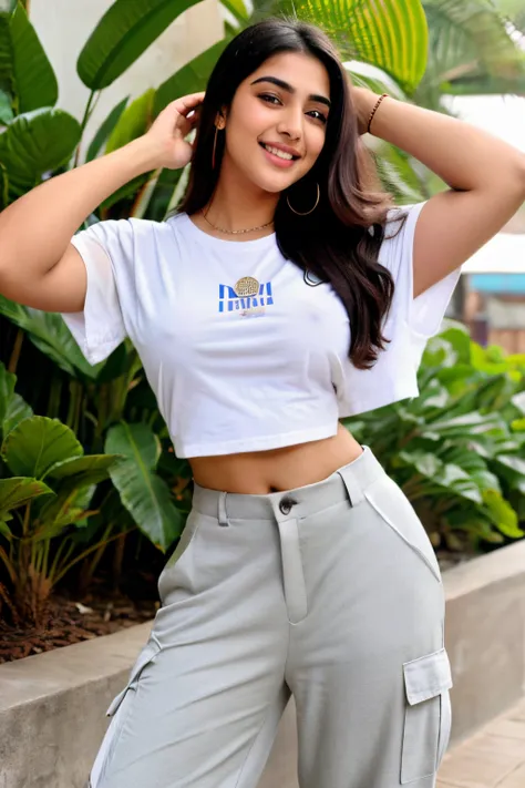 Beautiful indian realistic model, looking like sara ali khan, realistic model  with good figure of body , Dimple on her face , smile on her face , wearing oversized t-shirts and cargo pant