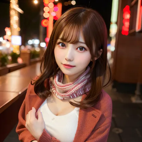 nogizaka、Seductive, Kamimei, Attractive, Sexy eyes, Red coat, Brown Shorthair, Delicate,a baby face, High Definition, Full body、hight resolution、Best Quality、Spotty girl、Looking at the camera、ample breasts、poseing、illuminations、Lit up、Fluffy scarves