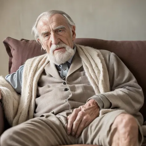 russel hodgkinson, an elder butler with a long beard and white hair, with a serene face wrinkles, looking producing, body older ...