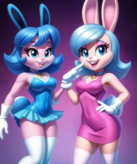 Polibius the female rabbit, pink skin, popstar dress, pink purple and blue hair, white long gloves, white boots, light pink lipstick, tiny toons style