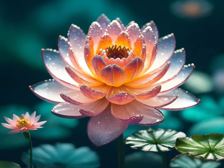 crystal lotus flower blooming in water, Fantasy, Galaxy, Transparent, spark of light, glinting, Brilliant, Colorful, magical photography, Dramatic Lighting, photorealisim, Ultra-detailed, 4K, depth of fields, High resolution