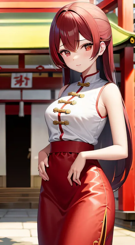 teens girl　Red china clothes　The long-haired　Brown hair　In front of the shrine　Daytime