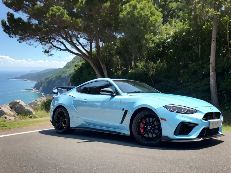 超A high resolution、An ultra-high picture quality、8K、Wonderful expression with attention to detail、early summer coastline、Blue sports car stopped on a mountain road ITSUBISHI Stallion 0GSR-X intercooler turbo　sports coupe