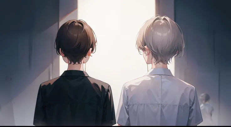 Two college male students standing back to back in a dark studio. One has brown hair and short hair, and the other has silver hair and short hair. The scene is in high definition.