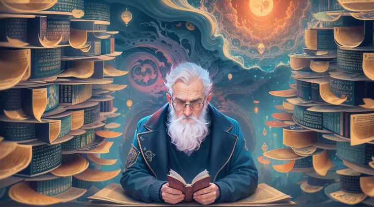 Tipo de imagen: Digital illustration Theme description: A stylized and artistic representation of the stoic German philosopher immersed in deep thought. It is located in the middle of a surreal landscape of floating books and philosophical symbols.. The co...