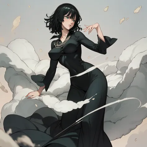 Anime art style, Fubuki from one punch man, green hair, white skin, wearing V-neck dress, cinematic lights, blushing cheeks, smilling, (( named Emma), ((A very cute caucasian girl poses boldly on fashion stage), 1 girl, (milf), (long beautiful face), clear...