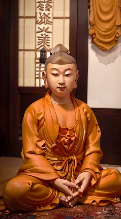 Fed young monk sitting on the floor in the room, portrait of monk, monk, wearing brown robes, Monks robes, wears a long robe, Calm smile, , Portrait shooting, with a calm expression, Japanese ancient monk, wears a long robe, Monk meditates, 21st century mo...