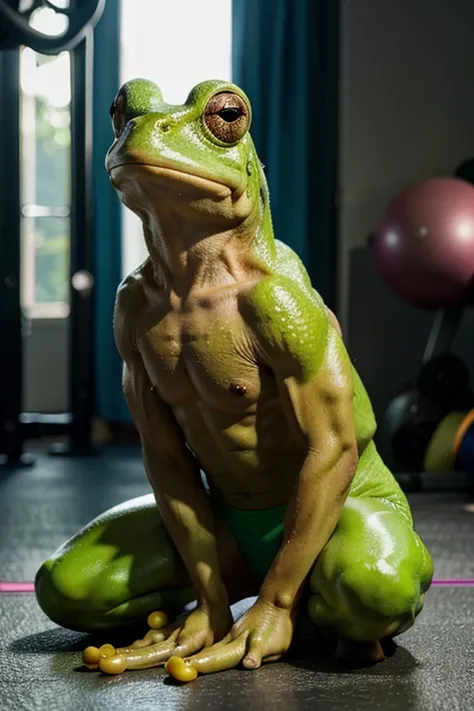 (aesthetic:1.1)frog with human muscular arms and legs,bright and vibrant colors,realistic,contrast lighting,strong muscle definition,subtle shadows,bokeh background working out on gym