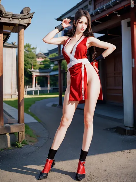 (mai shiranui:1.5), (tabi:2.0), (toe:1.2), (Full body portrait:2.0), Full body, (Realism), (masutepiece:2.0), (Best Quality), (ultra-detailliert), (8K, 4K, Convoluted), (Flat Lighting:1.2), (skinny), Prestige, Brown eyes, Long hair, Brown hair, White ribbo...