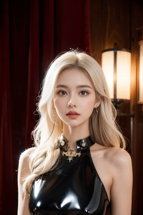 portrait of a beautiful girl with wavy white hair, wearing a formal black dress with metal parts, red eyes, monograms in the bac...