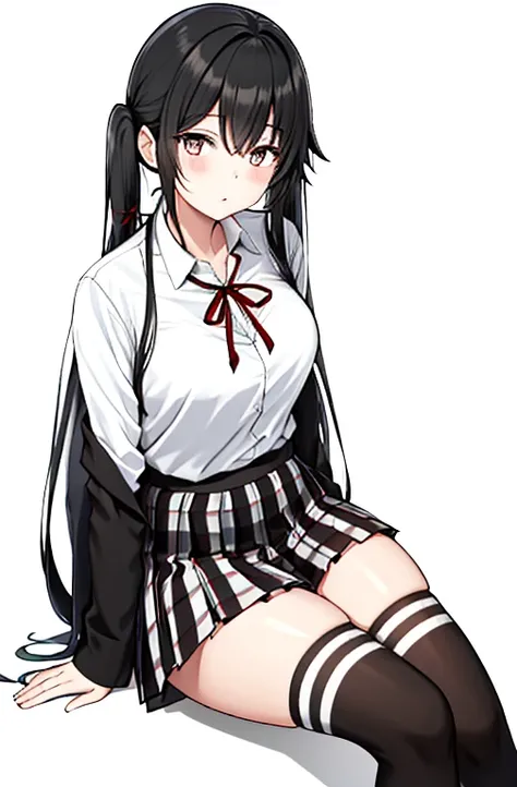 yukino yukinoshita, absurdres,  highres, solo, school uniform, big breasts, waist long black hair, twintails, miniskirt, black thighhigh socks, loose red ribbon, unbuttoned white shirt