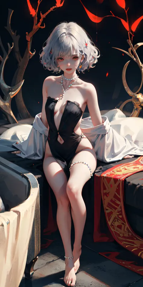 A girl in a dark scene，Wearing jewelry and pearls around the neck，Hollow-out on，cleanness，curlies, small, Be red in the face, upper legs, Bare shoulders, 鎖骨, Willow waist, The barefoot，(tmasterpiece), Slim body，（（full bodyesbian））